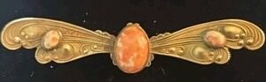 Antique Art Nouveau Brass Butterfly Brooch - Peach Cabochon – C‑Clasp – 1910-20s